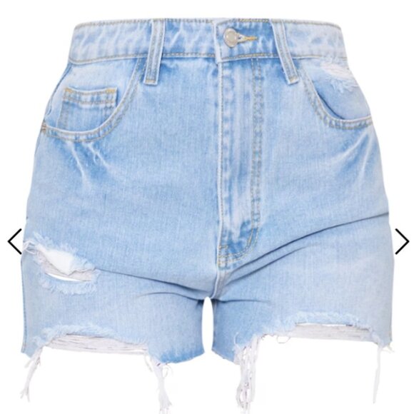 PrettyLittleThing Tall Light Blue Wash Distressed Denim Shorts - Picture 3 of 10